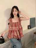 Vevesc 2024 Summer New Fungus Vest for Women Fashion Vintage Red Plaid Tank Top Y2k E-Girl Sleeveless Straight Loose Camisole Tops