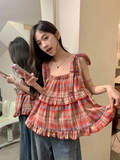 Vevesc 2024 Summer New Fungus Vest for Women Fashion Vintage Red Plaid Tank Top Y2k E-Girl Sleeveless Straight Loose Camisole Tops