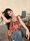 Vevesc 2024 Summer New Fungus Vest for Women Fashion Vintage Red Plaid Tank Top Y2k E-Girl Sleeveless Straight Loose Camisole Tops