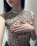 Vevesc Y2K Aesthetics Letter Print T-Shirts Women Tops Streetwear See-Through O-neck Sleeveless Summer Women's Tank Top