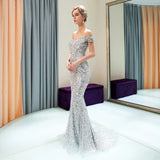 Vevesc Sexy Off Shoulder Evening Dresses Mermaid Luxury Silver New Bling Bling Dubai Heavy Handwork Long Formal
