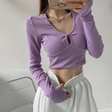 Vevesc Sexy Women Twist Keyhole Front Long Sleeve Crop Top With Bust Seam Detail