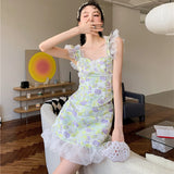 Vevesc Lolita Mini Dress For Woman One Piece Fairy Tulip Cloud Yarn A-line Dress Green Kawaii Sweet Korean Strap Female Dress