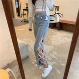 Vevesc Sexy Side Split Irregular High Waist Strappy Jeans Women's Straight Wide Leg Denim Trousers Streetwear Harajuku Pants