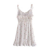 Vevesc French Summer White Heart Front Ruched Bandage Spaghetti Strap Mini Dress Retro Sexy Ladies Lacing Up Sling Ruffles Dresses