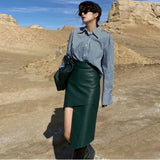 Vevesc Woman Leather Skirt PU Solid Asymmetric High Waist Wild Design Zipper Slim Casual Style Autumn Korean Fashion