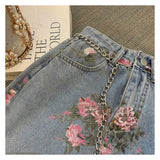 Vevesc Streetwear Vintage Flowers Print Long Denim Skirts Summer High Waist Slim Sexy Open Split Straight Skirt Jeans Saias Female