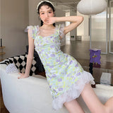 Vevesc Lolita Mini Dress For Woman One Piece Fairy Tulip Cloud Yarn A-line Dress Green Kawaii Sweet Korean Strap Female Dress