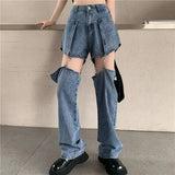 Vevesc Blue Hollow Out Denim Shorts Summer Women High Waist Ripped Tassel Short Jeans Ripped Jeans Harajuku Wide Leg Pant