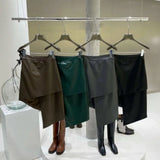 Vevesc Woman Leather Skirt PU Solid Asymmetric High Waist Wild Design Zipper Slim Casual Style Autumn Korean Fashion