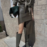 Vevesc Woman Leather Skirt PU Solid Asymmetric High Waist Wild Design Zipper Slim Casual Style Autumn Korean Fashion