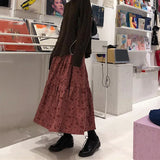 Vevesc High Waist Autumn Winter Long Skirts Women Elegant Flower Printed Midi Skirt Female Vintage Streetwear Pleated Skirt