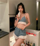 Vevesc  Two Piece Set Crop Top Jeans Denim Short Suit Strap Halter Camis Lace Ruffle Hollow Backless Plaid Lace-Up Bow Bustier Bras y2k