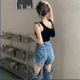 Vevesc Blue Hollow Out Denim Shorts Summer Women High Waist Ripped Tassel Short Jeans Ripped Jeans Harajuku Wide Leg Pant