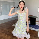 Vevesc Lolita Mini Dress For Woman One Piece Fairy Tulip Cloud Yarn A-line Dress Green Kawaii Sweet Korean Strap Female Dress