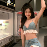 Vevesc  Two Piece Set Crop Top Jeans Denim Short Suit Strap Halter Camis Lace Ruffle Hollow Backless Plaid Lace-Up Bow Bustier Bras y2k