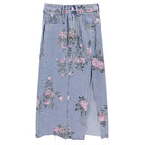 Vevesc Streetwear Vintage Flowers Print Long Denim Skirts Summer High Waist Slim Sexy Open Split Straight Skirt Jeans Saias Female