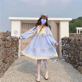 Vevesc Women Bow Japanese Lolita Sweet Dress Pink  Blue Op Harajuku Fairy Mesh Dress Alice In Wondeland Long Sleeves Vestidos