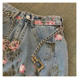 Vevesc Streetwear Vintage Flowers Print Long Denim Skirts Summer High Waist Slim Sexy Open Split Straight Skirt Jeans Saias Female