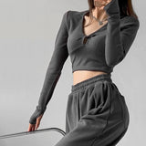 Vevesc Sexy Women Twist Keyhole Front Long Sleeve Crop Top With Bust Seam Detail