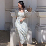 Vevesc French Vintage Floral Dress Women Square Collar Design Slim Party Dress Female Chiffon Puff Sleeve Wedding Party Midi Dress 2024