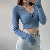 Vevesc Sexy Women Twist Keyhole Front Long Sleeve Crop Top With Bust Seam Detail