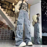 birthday outfit American Style Street Work Jeans Women's Design Multi-Pocket High Waist Loose Mopping Pants Fashion