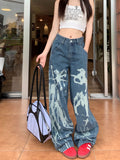 90s streetwear Personalized Printed Pattern Jeans for Women New Washed Distressed High Waist Loose All-Match Straight Trousers Fashion