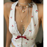 summer outfits inspo Women's Clothing 2024 Summer New Fashion Elegant Sexy V-neck Halter Cherry Printed Wooden Ear Vest