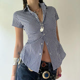 90s fashion Retro Casual Style Blue Plaid Short-Sleeved Shirt Women's Polo Collar Tight Waist Tight Single-Breasted Top