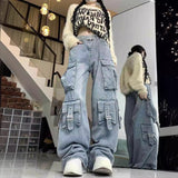 birthday outfit American Style Street Work Jeans Women's Design Multi-Pocket High Waist Loose Mopping Pants Fashion