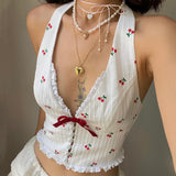 summer outfits inspo Women's Clothing 2024 Summer New Fashion Elegant Sexy V-neck Halter Cherry Printed Wooden Ear Vest