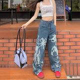 90s streetwear Personalized Printed Pattern Jeans for Women New Washed Distressed High Waist Loose All-Match Straight Trousers Fashion