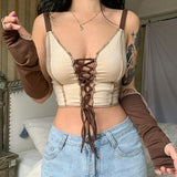 Vevesc 90s streetwear 2024 Summer New Turn-over Chest Front Fork Strap Slim Stitching Sling Sexy Hot Girl Vest