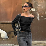 womens fashion American-Style Retro Black and Gray Striped Stitching off-Shoulder Sweater Street Style Slim-Fit Flanging Lace-up New Woolen Top