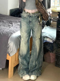 90s streetwear American Retro plus Size Washed Worn Jeans Women's Design Straight Slimming Wide Leg Draping Mop Pants