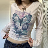 90s streetwear Women's Butterfly Print T-shirt Chicken Collar Top Long Sleeve Short Outer Wear Hot Girl Y2K Inner Wear