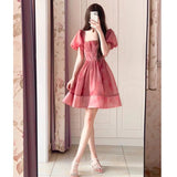 cherry blossom dress to impress Pink Square Collar Puff Sleeve Waist-Tight Dress Women's Summer New Small Slimming Tea Break Princess Temperament Skirt