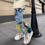 drip outfit men High Street American Contrast Color Patch Bird Plum Embroidery Worn Niche Jeans Men's and Women's Same Loose Trousers