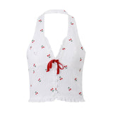 summer outfits inspo Women's Clothing 2024 Summer New Fashion Elegant Sexy V-neck Halter Cherry Printed Wooden Ear Vest