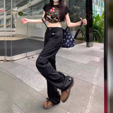 outfit inspo Retro Black Workwear Jeans Women's Summer Straight Wide-Leg Trousers Niche Multi-Pocket Washed Mop Pants Fashion