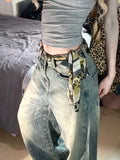 90s streetwear American Retro plus Size Washed Worn Jeans Women's Design Straight Slimming Wide Leg Draping Mop Pants