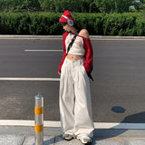 90s fashion men White Wide-Leg Jeans Women's Autumn High Waist Slimming Draping Pleated Loose Slimming Straight Mop Pants