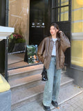 skater boy outfits Retro Brown Leather Coat Women's Short 2024 Spring and Autumn Small Korean Style Loose Leather Jacket Handsome Motorcycle Jacket