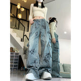 skater boy outfits American Retro Graffiti Cartoon Workwear Jeans Women's Autumn and Winter High Waist Loose Slimming Wide Leg Trousers