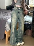 90s streetwear American Retro plus Size Washed Worn Jeans Women's Design Straight Slimming Wide Leg Draping Mop Pants