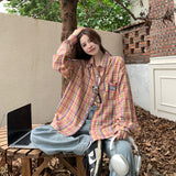 frat outfits Retro Contrast Color Plaid Shirt Women's Long Sleeve Spring and Autumn New Fashion Top Coat Casual Loose Niche