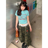 90s streetwear Plus Size Retro American Camouflage Workwear Jeans Women's Chubby Girl Casual Loose All-Match High Waist Cropped Wide-Leg Pants