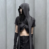 outfit inspo Hooded Two-Piece Top Women's Black Cross Long Sleeve Ultra Short Style