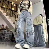 birthday outfit American Style Street Work Jeans Women's Design Multi-Pocket High Waist Loose Mopping Pants Fashion